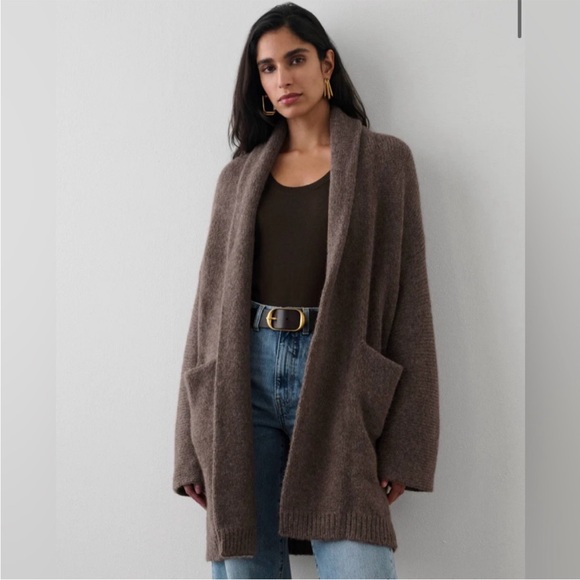 White + Warren Alpaca Open Coatigan Cardigan Sweater Mushroom Brown M - Picture 1 of 7